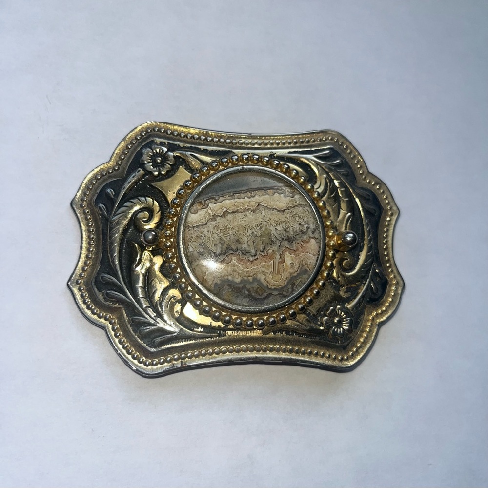 Vintage Ornate Western Scalloped Belt Buckle Polished Crazy Lace Agate Stone